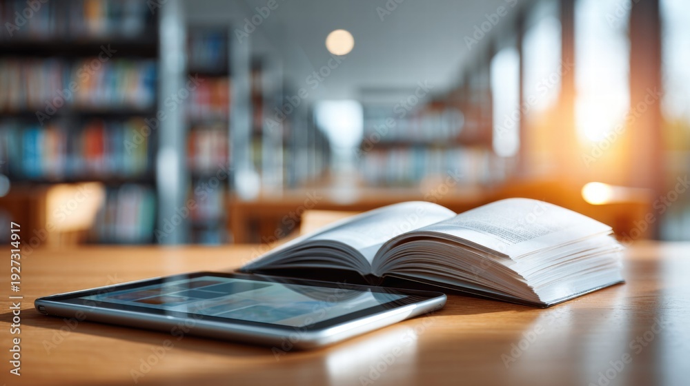 Fototapeta premium Open book and tablet in a library