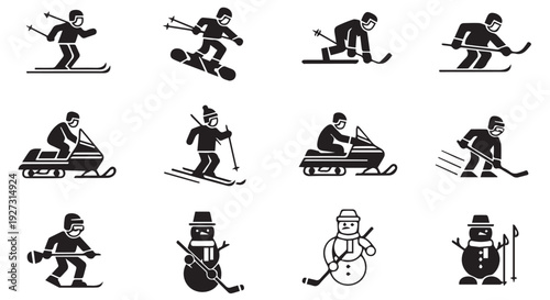 Collection of various cartoon skiers and snowman in different poses and actions on snow