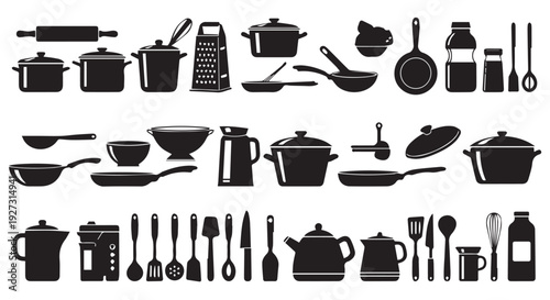 Collection of kitchen utensils and cookware in black silhouette on Transparent Background for cooking and recipe designs