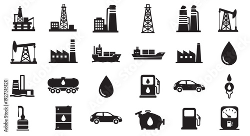 Collection of black oil and gas industry icons and symbols on Transparent Background