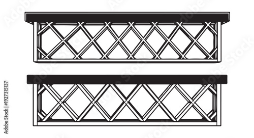 Detailed illustration of two black metal decorative railings with crisscross pattern on Transparent Background