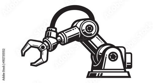 Detailed black and white illustration of a robotic arm with a mechanical claw on a Transparent Background, showcasing industrial automation.