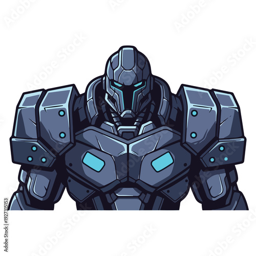 Cartoon robot wearing futuristic metallic armor with blue accents
