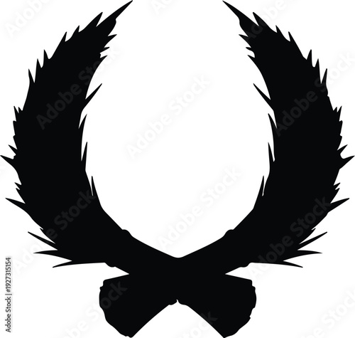 silhouette pair of sharp feather wings arranged in circular wreath vector design