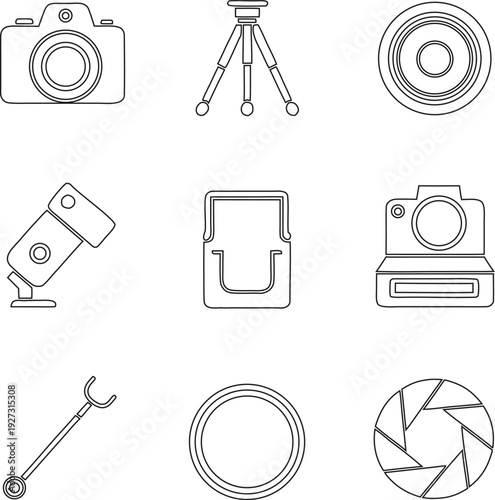 Various equipment and accessories in a minimalist line style camera tripod lens flash