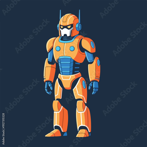 Robot character in orange and blue armor standing alone
