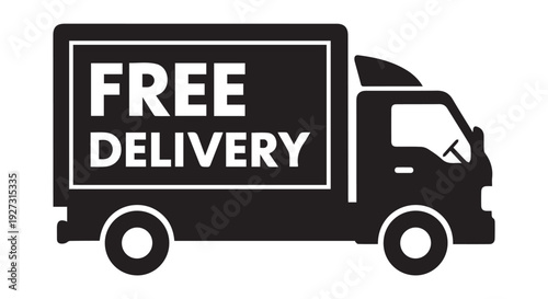 Black silhouette of a delivery truck with free delivery text on the side panel, isolated on Transparent Background.