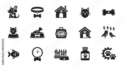 Collection of black and white pet icons and symbols for design