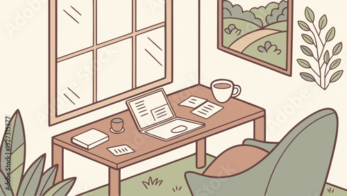 Modern flat illustration of a person working remotely from home, comfortable and productive, with laptop and plants.