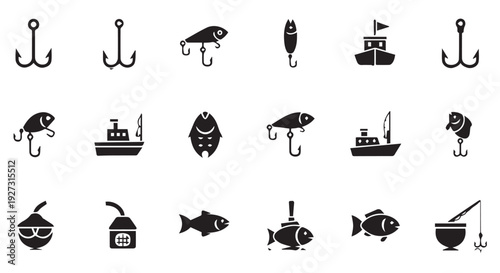Collection of black fishing icons and lures on Transparent Background, various types of hooks and baits.