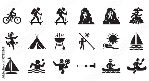 Collection of black silhouette icons depicting various outdoor recreational activities and sports.