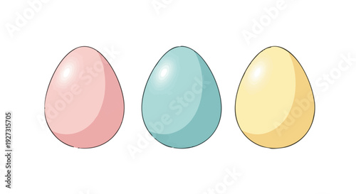 Three pastel colored eggs in pink, blue, and yellow. Minimalist vector graphic illustration for Easter.