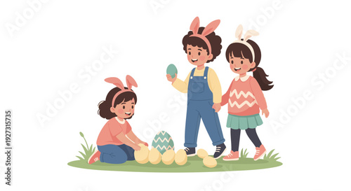 Happy children with bunny ears on an Easter egg hunt, searching for colorful eggs. Cute vector illustration.
