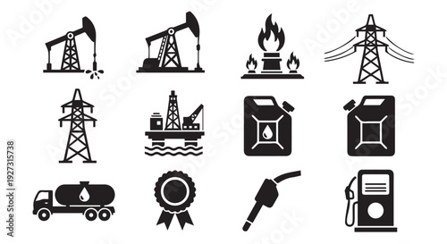 Collection of black icons representing oil industry elements, equipment, and symbols on a Transparent Background, conveying energy and industry.