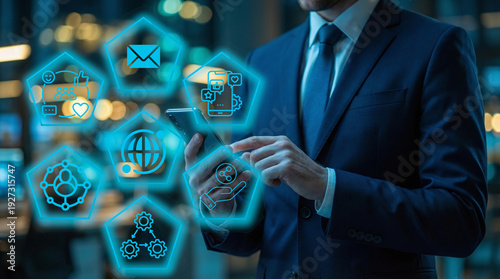 Businessman using a phone with digital technology, with a global social network floating icons in virtual screen