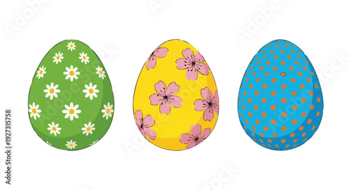 Set of three colorful decorated Easter eggs with floral and polka dot patterns. Vector illustration isolated on black background.