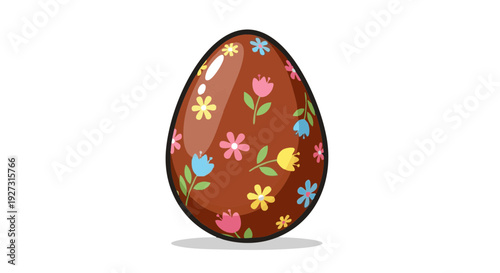 Vector illustration of a chocolate Easter egg decorated with a colorful floral pattern on a black background.