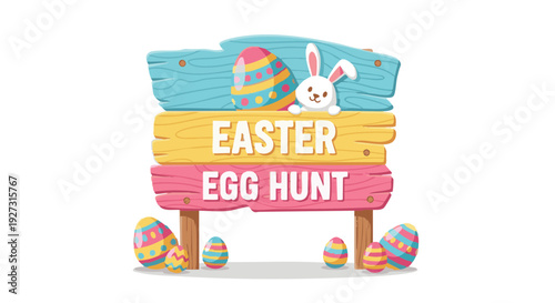 Easter egg hunt sign with cute bunny and colorful eggs. Cartoon vector illustration for spring holiday.