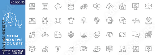 Media and news icon set. Containing News, Television, blogging, social media, video, promotion, Etc. Fully Editable. Vector illustration.