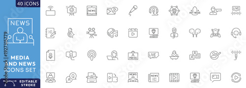 Media and news icon set. Containing News, Television, blogging, social media, video, promotion, Etc. Fully Editable. Vector illustration.
