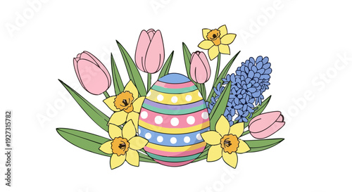 Colorful Easter egg hidden among tulips, daffodils, and hyacinths vector illustration