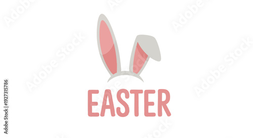Easter greeting design with cute bunny ears headband. Minimalist vector illustration with pink text on a black background.