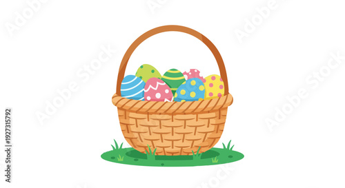 Festive Easter basket with colorful decorated eggs on green grass. Vector illustration.