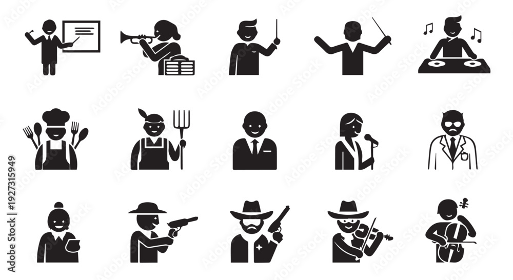Obraz premium Collection of various black silhouette icons depicting people in different occupations and actions.