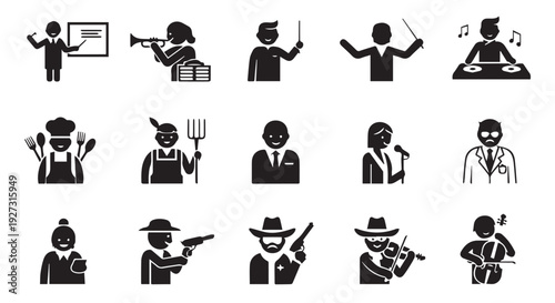 Collection of various black silhouette icons depicting people in different occupations and actions.