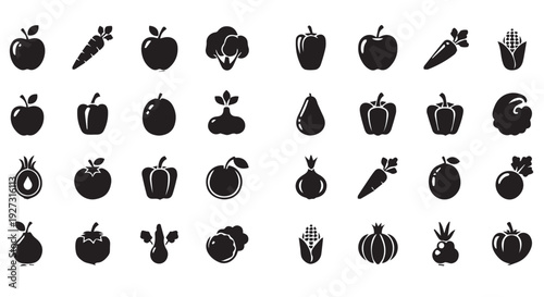 Collection of black silhouette icons of various fruits and vegetables on Transparent Background