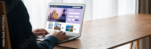 Schilderij op canvas Online travel agency website for modish search and travel planning offers deal a
