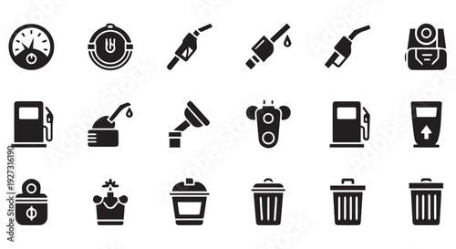 Collection of black icons depicting various fuel and oil related symbols and objects on Transparent Background