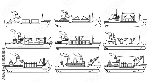 Detailed black and white illustrations of various cargo ships and vessels on a Transparent Background, showcasing different types of boats.