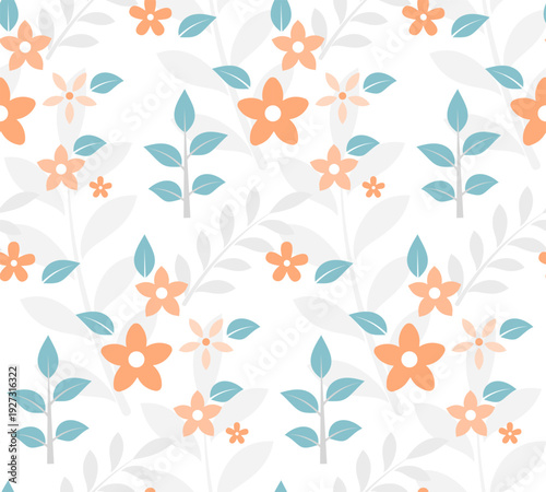 Cute floral seamless pattern with pastel orange flowers and green leaves on white background. Minimalist vector floral colorful pattern for textile, wallpaper, and fabric design. 