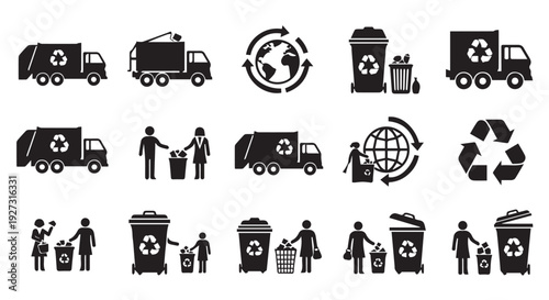Collection of black icons representing waste management and recycling activities worldwide with trucks and people.