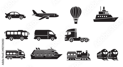Collection of various transportation vehicles and modes of transport in black silhouette