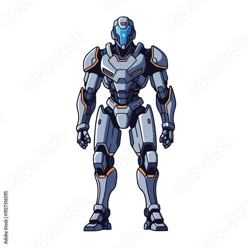Robot standing in futuristic silver and orange armor on white background