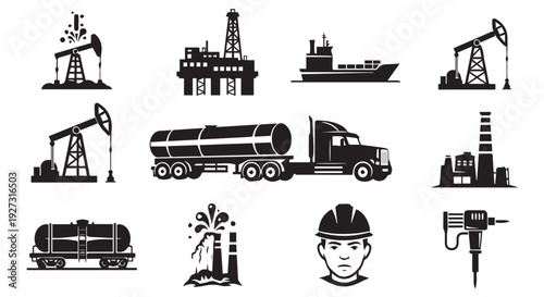 Collection of black silhouette icons depicting various industrial and oil and gas drilling operations equipment