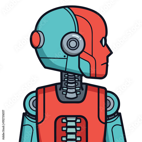 Robot wearing headphones in contrasting red and blue colors