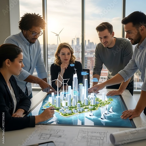 Business professionals collaborate around a holographic interactive urban planning display featuring renewable energy elements