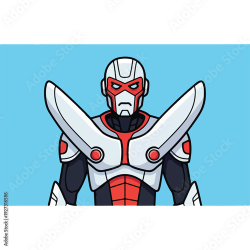 Cartoon superhero character in futuristic red and white armor
