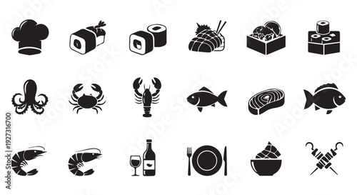 Collection of black and white sushi restaurant food icons and symbols on Transparent Background