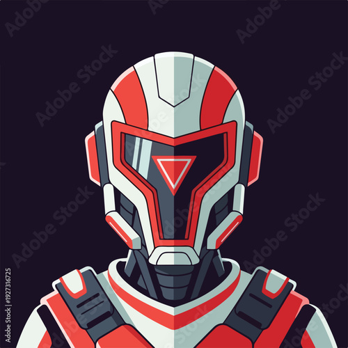 Futuristic astronaut wearing red white and black protective gear