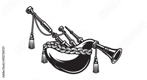 Black and white illustration of a traditional Scottish bagpipe with tassels and braided decorations.