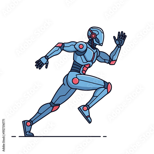 Robot Character in Futuristic Blue and Red Suit Running