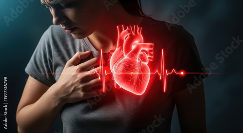  Conceptual image of a young woman suffering chest pain, clutching her chest, with a glowing red 3D anatomical heart and EKG heartbeat line overlay, symbolizing a heart attack or cardiovascular 