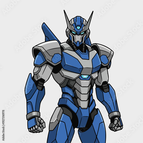 Robot character in blue and grey armor with glowing blue eyes standing strong
