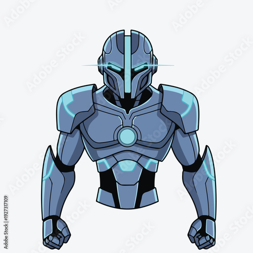 Futuristic robotic character with glowing blue lines and armor plating
