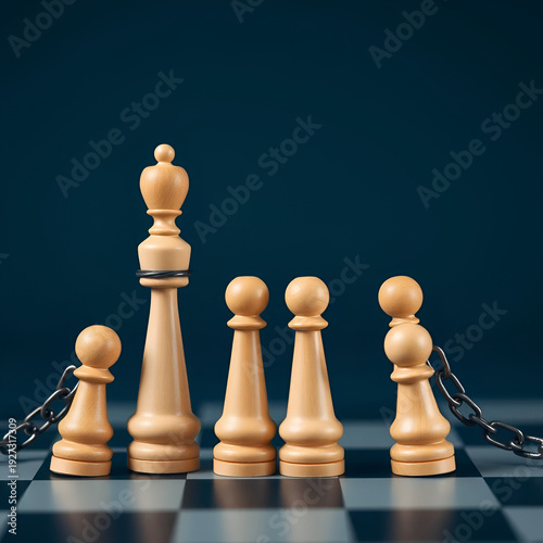 Symbolic chained wooden pawns portraying dynamics of domination in relationships