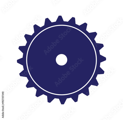 blue gear icon with white outline and circle in the middle on white background